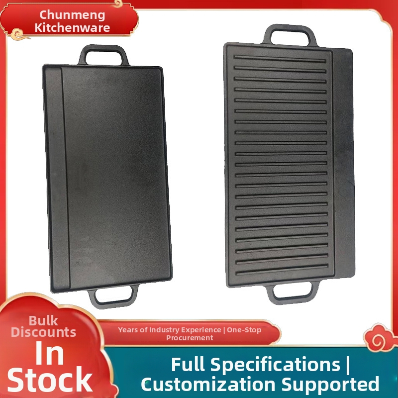 Öntöttvas grillsütő serpenyő, téglalap alakú, kétoldalas, diagonális csíkos mintázat, kempingezéshez és steak grillezéshez