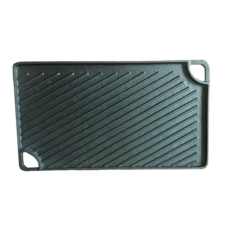 Öntöttvas grillsütő serpenyő, téglalap alakú, kétoldalas, diagonális csíkos mintázat, kempingezéshez és steak grillezéshez