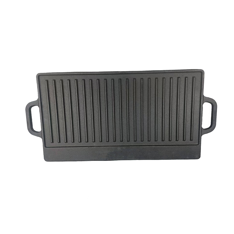 Öntöttvas grillsütő serpenyő, téglalap alakú, kétoldalas, diagonális csíkos mintázat, kempingezéshez és steak grillezéshez