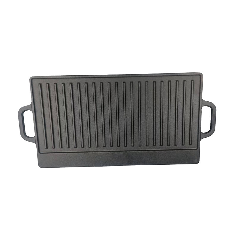 Öntöttvas grillsütő serpenyő, téglalap alakú, kétoldalas, diagonális csíkos mintázat, kempingezéshez és steak grillezéshez