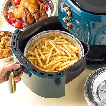 Тава от алуминиево фолио за фритюрник с въздух, кръгла, еднократна, алуминиево фолио с хранително качество, подходяща за микровълнова, с отпечатано лого, персонализируема, пакет от 1000 броя