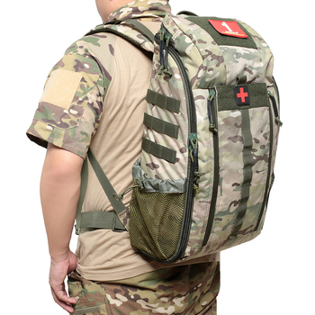 Rucsac tactico-medical pentru activități în aer liber, cu capacitate mare; material Oxford respirabil, rezistent la uzură; bretele de umăr curbate.
