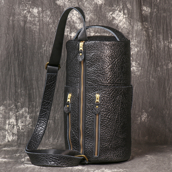 Geantă de piele cilindrică pentru bărbați, de tip chest bag – piele naturală, strat din piele de vită primă, stil de călătorie pentru agrement, design extensibil, căptușeală poliester-bumbac