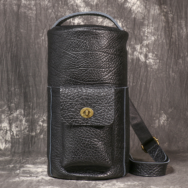 Geantă de piele cilindrică pentru bărbați, de tip chest bag – piele naturală, strat din piele de vită primă, stil de călătorie pentru agrement, design extensibil, căptușeală poliester-bumbac