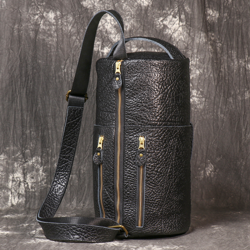 Geantă de piele cilindrică pentru bărbați, de tip chest bag – piele naturală, strat din piele de vită primă, stil de călătorie pentru agrement, design extensibil, căptușeală poliester-bumbac