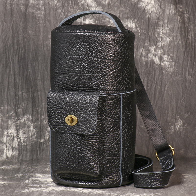 Geantă de piele cilindrică pentru bărbați, de tip chest bag – piele naturală, strat din piele de vită primă, stil de călătorie pentru agrement, design extensibil, căptușeală poliester-bumbac