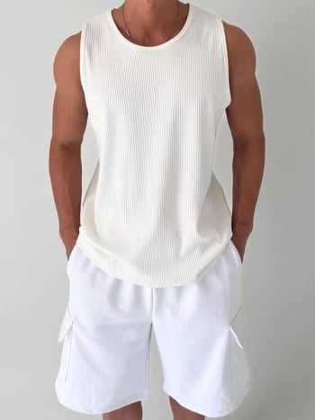 Ανδρικό αμάνικο T-shirt με U-λαιμό, χαλαρή γραμμή, υφή πλισέ, ζακάρ πλεκτό, διαπνοή πολυεστέρα, καλοκαίρι