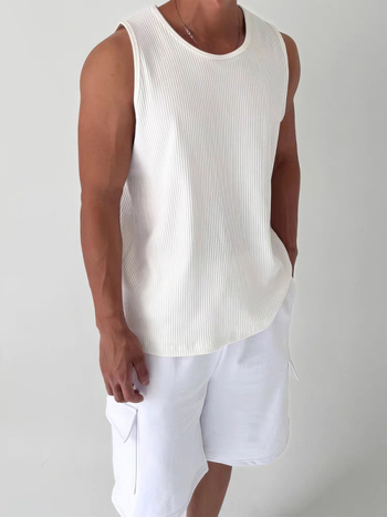 Ανδρικό αμάνικο T-shirt με U-λαιμό, χαλαρή γραμμή, υφή πλισέ, ζακάρ πλεκτό, διαπνοή πολυεστέρα, καλοκαίρι