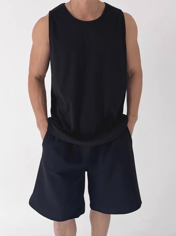 Ανδρικό αμάνικο T-shirt με U-λαιμό, χαλαρή γραμμή, υφή πλισέ, ζακάρ πλεκτό, διαπνοή πολυεστέρα, καλοκαίρι