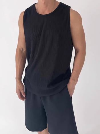 Ανδρικό αμάνικο T-shirt με U-λαιμό, χαλαρή γραμμή, υφή πλισέ, ζακάρ πλεκτό, διαπνοή πολυεστέρα, καλοκαίρι