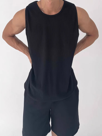 Ανδρικό αμάνικο T-shirt με U-λαιμό, χαλαρή γραμμή, υφή πλισέ, ζακάρ πλεκτό, διαπνοή πολυεστέρα, καλοκαίρι