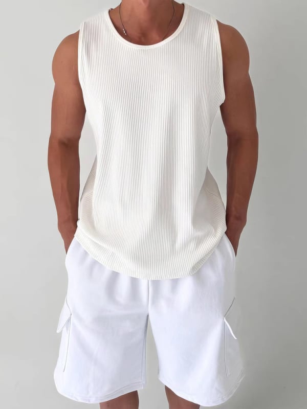 Ανδρικό αμάνικο T-shirt με U-λαιμό, χαλαρή γραμμή, υφή πλισέ, ζακάρ πλεκτό, διαπνοή πολυεστέρα, καλοκαίρι