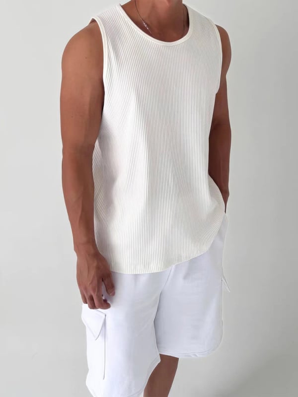 Ανδρικό αμάνικο T-shirt με U-λαιμό, χαλαρή γραμμή, υφή πλισέ, ζακάρ πλεκτό, διαπνοή πολυεστέρα, καλοκαίρι