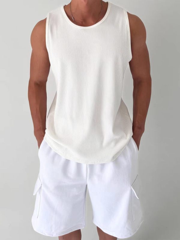 Ανδρικό αμάνικο T-shirt με U-λαιμό, χαλαρή γραμμή, υφή πλισέ, ζακάρ πλεκτό, διαπνοή πολυεστέρα, καλοκαίρι