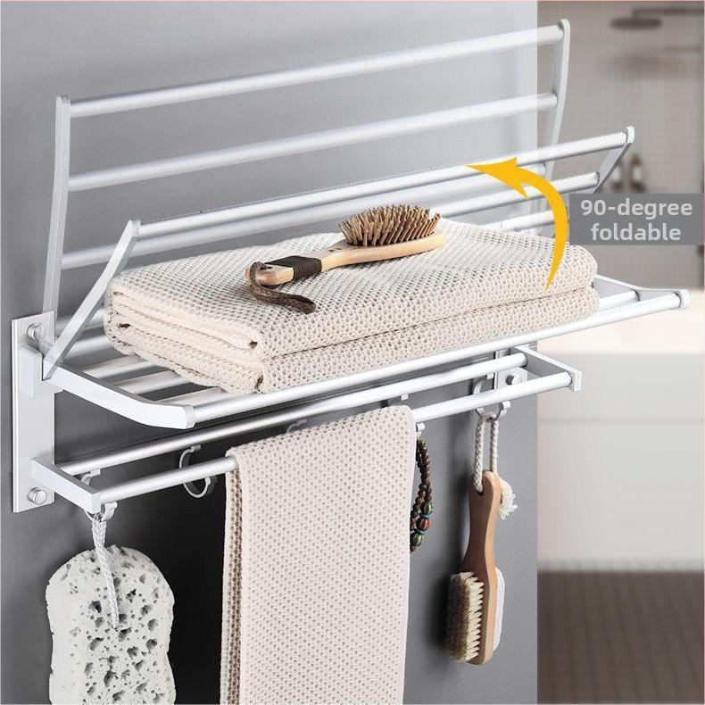 Držiak na uteráky z hliníka do kúpeľne, dvojposchodový, povrchová úprava: anodická oxidácia, model Space Aluminum Storage Rack, značka Huixin, nosnosť 10 kg