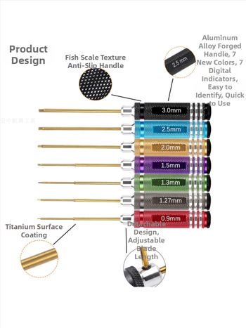 Sada šesťuholníkových skrutkovačov pre modely lietadiel a áut, titanom potiahnutá tvrdená oceľ, viacúčelové demontážne a montážne nástroje, obsahuje kľúč a držač nástrojov