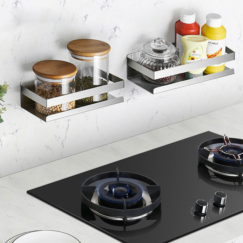 Rozsdamentes acél falra szerelhető fűszertartó polc, konyhai és fürdőszobai tároló, fúrás nélküli telepítés, modern minimalista stílus, testreszabható 1001