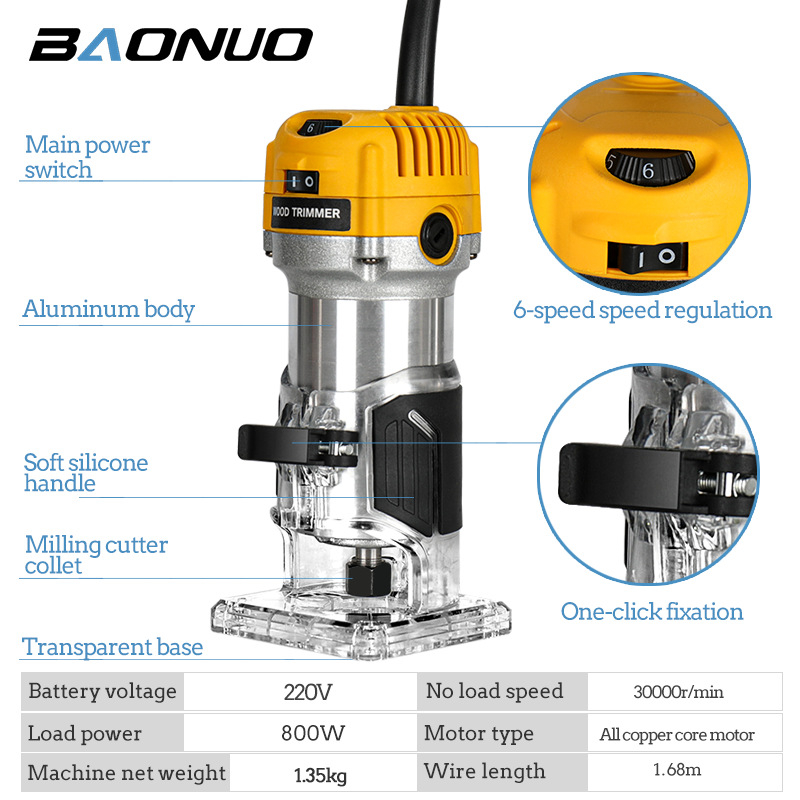 Moyi Μηχανή Διαμόρφωσης Ξύλου, 220V με Καλώδιο, Αυλακώσεις, Φρεζάρισμα και Χάραξη για Οικιακή Χρήση