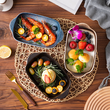 Farfurie de copt din ceramică, formă neregulată, stil japonez, suprafață glazurată, potrivită pentru cuptor, necompatibilă cu microundele