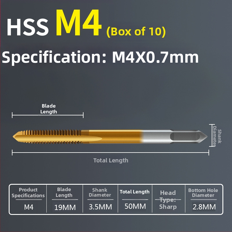 Tap pentru mașină, pas standard, flaut drept, oțel rapid 6542, placare cu titan