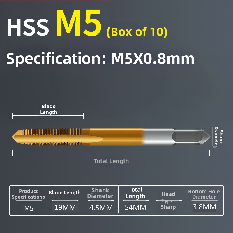 Tap pentru mașină, pas standard, flaut drept, oțel rapid 6542, placare cu titan