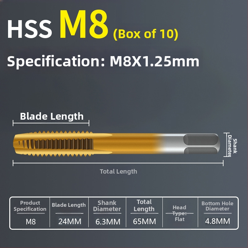 Tap pentru mașină, pas standard, flaut drept, oțel rapid 6542, placare cu titan