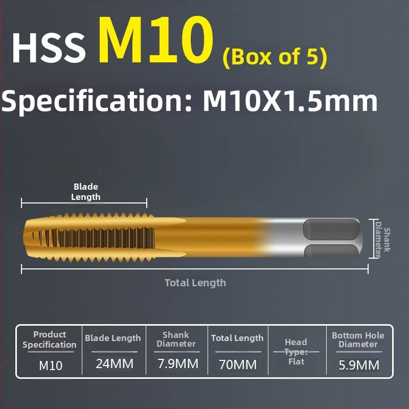 Tap pentru mașină, pas standard, flaut drept, oțel rapid 6542, placare cu titan