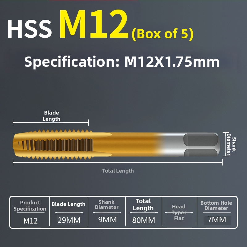 Tap pentru mașină, pas standard, flaut drept, oțel rapid 6542, placare cu titan