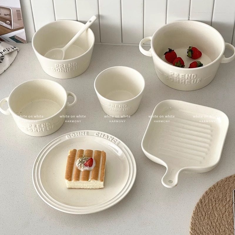 Desertni tanjur s dvostrukim ušima – porcelinski posuđe set, prugasti uzorak, korejski stil, okrugli oblik, glazirana površina