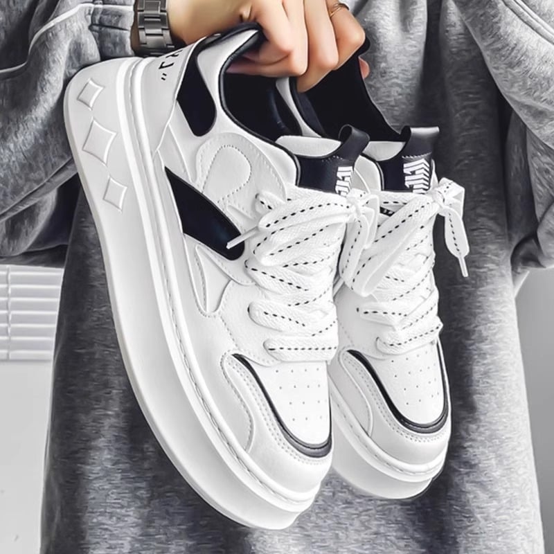 Pantofi bărbați cu talpă groasă pentru creșterea înălțimii - sneakers casual cu șireturi, vârf Rotund, PU partea superioară, PVC talpă, EVA branț