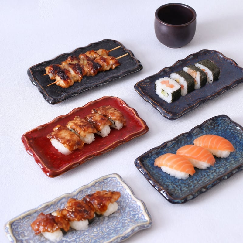 Glazúrozott kerámia lapos tál, japán stílus, téglalap alakú, mikrohullámú sütőhöz alkalmas