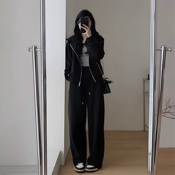Dvodijelni casual set s geometrijskim uzorkom, poliester 80-90%, minimalistički japansko-korejski stil, dugi rukavi
