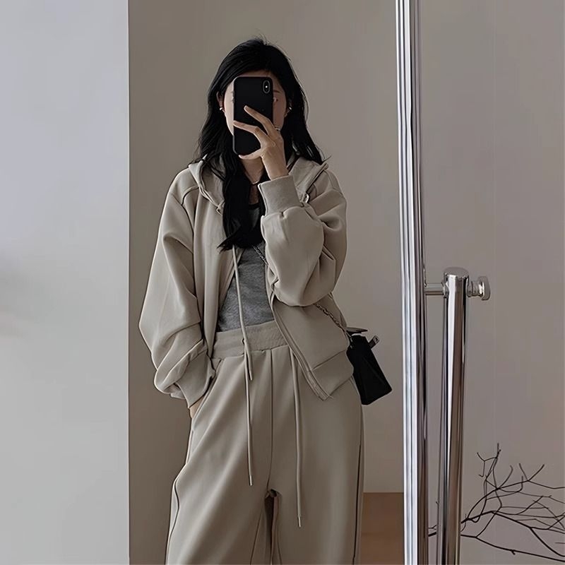 Dvodijelni casual set s geometrijskim uzorkom, poliester 80-90%, minimalistički japansko-korejski stil, dugi rukavi