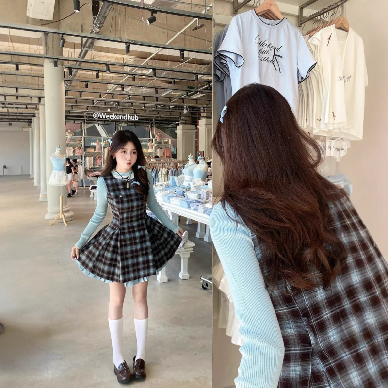 Dvo-dijelni set haljine i pleteni top s kariranim uzorkom, jesen 2024, poliester tkanina (50-70% poliester)