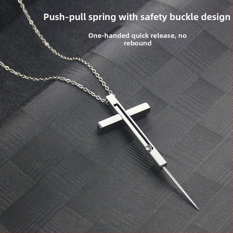 Колие с кръст за самозащита с телескопична клечка за зъби, игла за премахване на SIM карта и плодова клечка