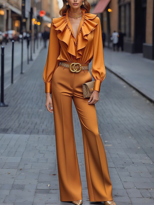 Ženski patchwork poliester pantalonski kostim – top T‑shirt, dugi rukavi, dugi hlače