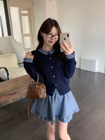 Set pleteni kardigan s kariranim uzorkom i suknja, kratka suknja, jesen 2025, poliester