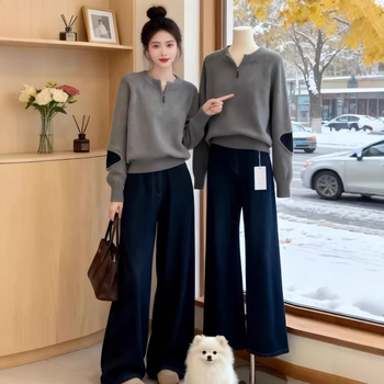 Ženski dvodijelni set: pleteni top i traperice, zima 2025, poliester materijal, japansko-korejski casual stil