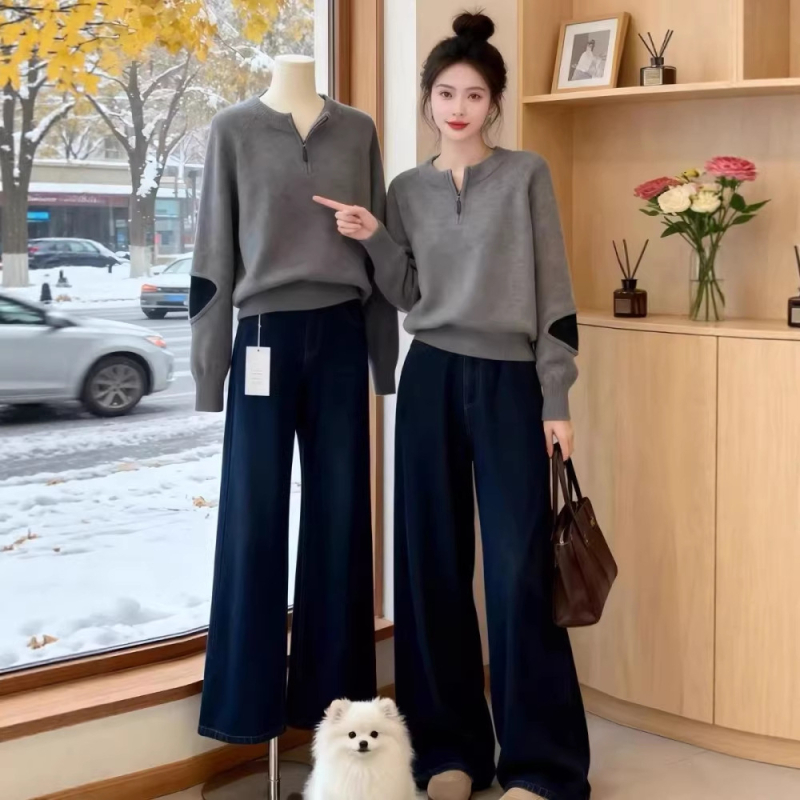 Ženski dvodijelni set: pleteni top i traperice, zima 2025, poliester materijal, japansko-korejski casual stil