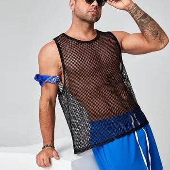 Ανδρικό αμάνικο πλεκτό γιλέκο με διαφανές σχέδιο, στενή εφαρμογή, πολυεστέρας, καλοκαίρι 2023