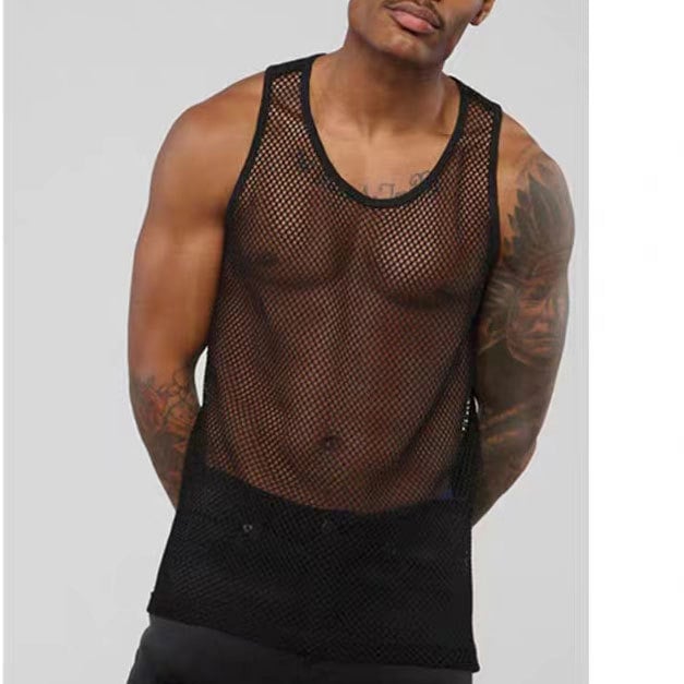 Ανδρικό αμάνικο πλεκτό γιλέκο με διαφανές σχέδιο, στενή εφαρμογή, πολυεστέρας, καλοκαίρι 2023