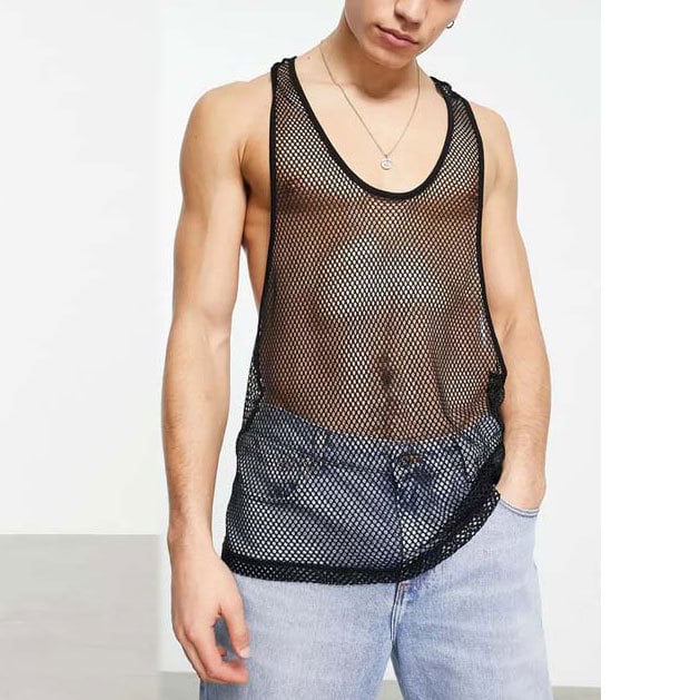 Ανδρικό αμάνικο πλεκτό γιλέκο με διαφανές σχέδιο, στενή εφαρμογή, πολυεστέρας, καλοκαίρι 2023