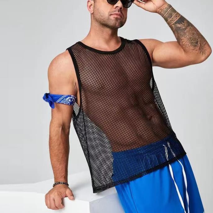 Ανδρικό αμάνικο πλεκτό γιλέκο με διαφανές σχέδιο, στενή εφαρμογή, πολυεστέρας, καλοκαίρι 2023