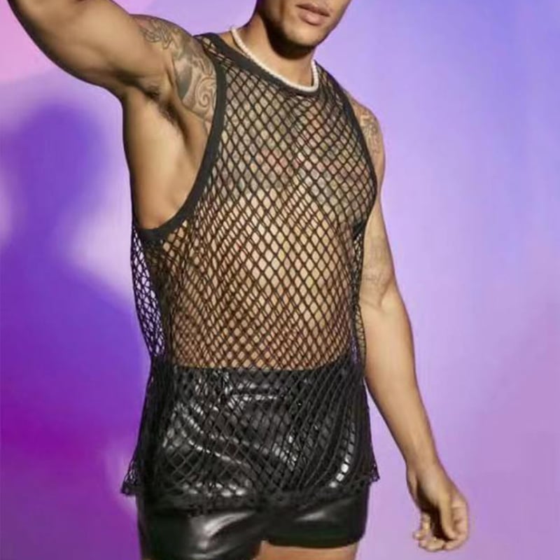 Ανδρικό αμάνικο πλεκτό γιλέκο με διαφανές σχέδιο, στενή εφαρμογή, πολυεστέρας, καλοκαίρι 2023