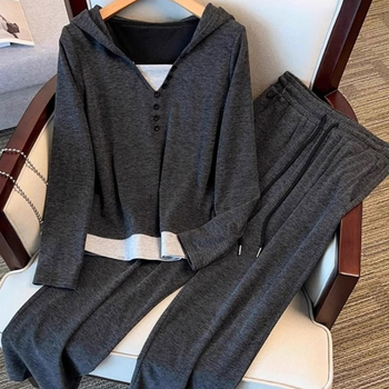 Ženski patchwork sportski set s gumbima, hoodie gornji dio i hlače visokog struka, proljeće-jesen, boja rižine bež boje