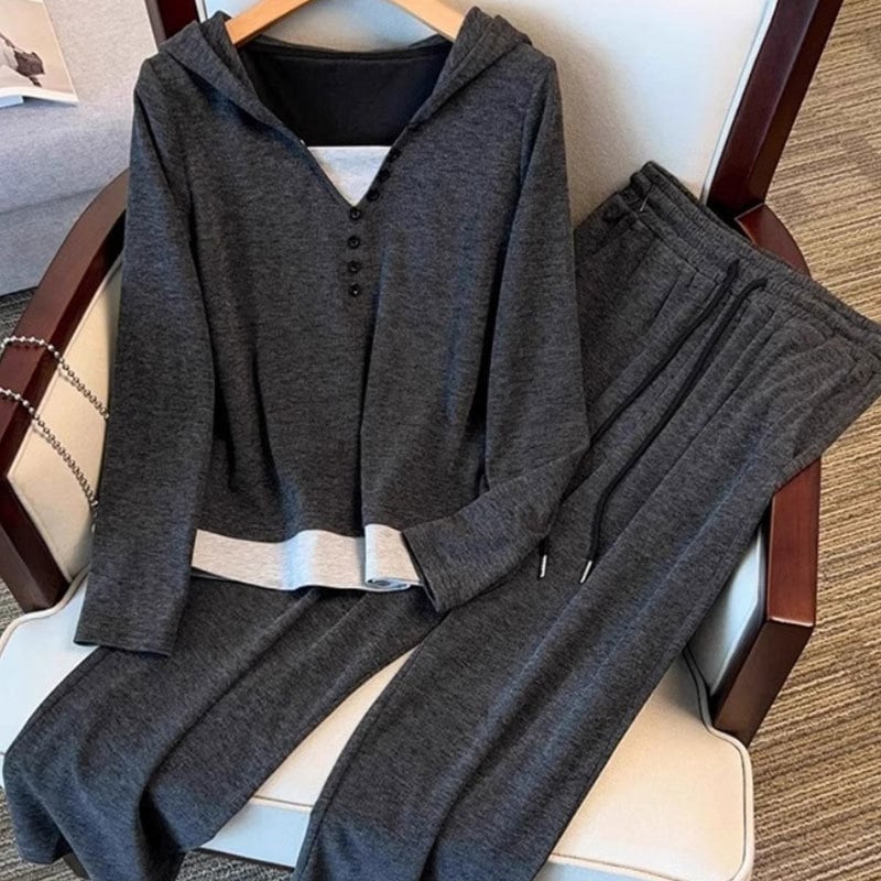 Ženski patchwork sportski set s gumbima, hoodie gornji dio i hlače visokog struka, proljeće-jesen, boja rižine bež boje