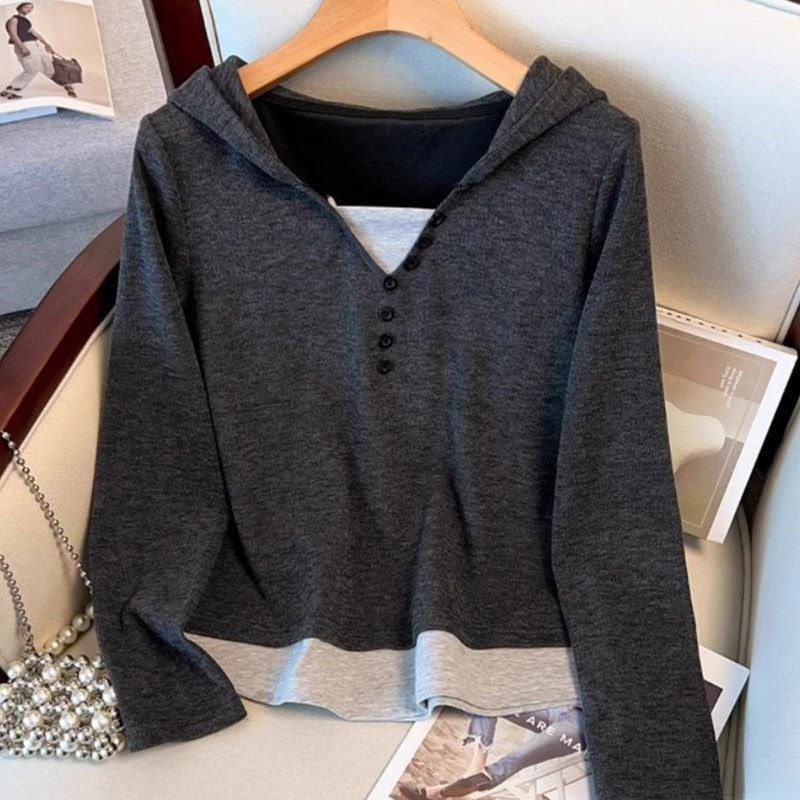 Ženski patchwork sportski set s gumbima, hoodie gornji dio i hlače visokog struka, proljeće-jesen, boja rižine bež boje
