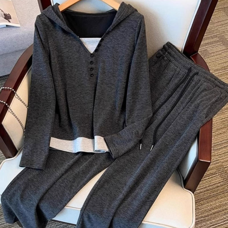 Ženski patchwork sportski set s gumbima, hoodie gornji dio i hlače visokog struka, proljeće-jesen, boja rižine bež boje
