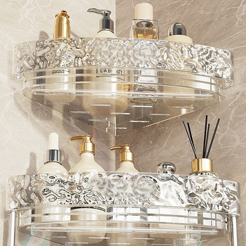 Fali mosdó-tároló polc fúrás nélkül, háromszög kosárral; műanyagból, modell 1, teherbírás 10 kg