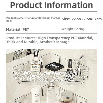 Fali mosdó-tároló polc fúrás nélkül, háromszög kosárral; műanyagból, modell 1, teherbírás 10 kg